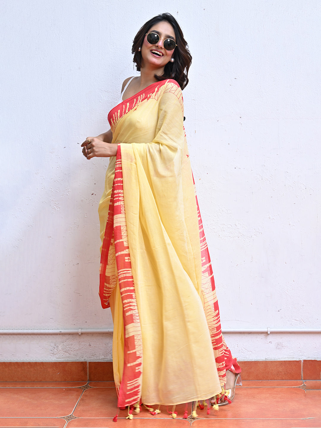 Yellow Mulmul Cotton Saree