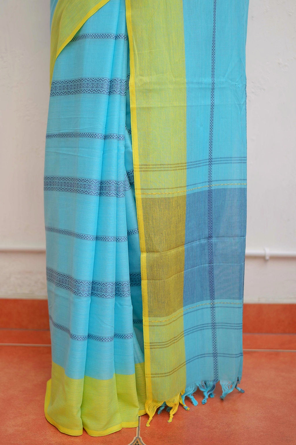 Sky Blue Green Pure Cotton Saree