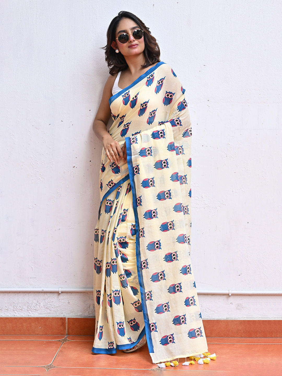 Yellow Owl Mulmul Cotton Saree