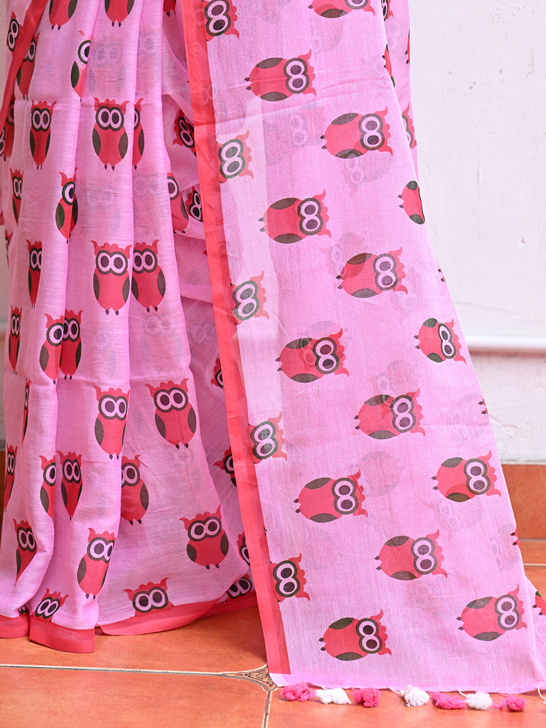 Pink Owl Mulmul Cotton Saree