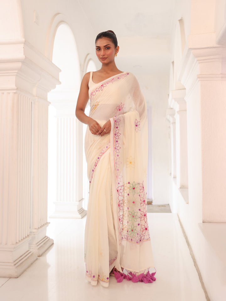 Handwoven White Mulmul Cotton Saree