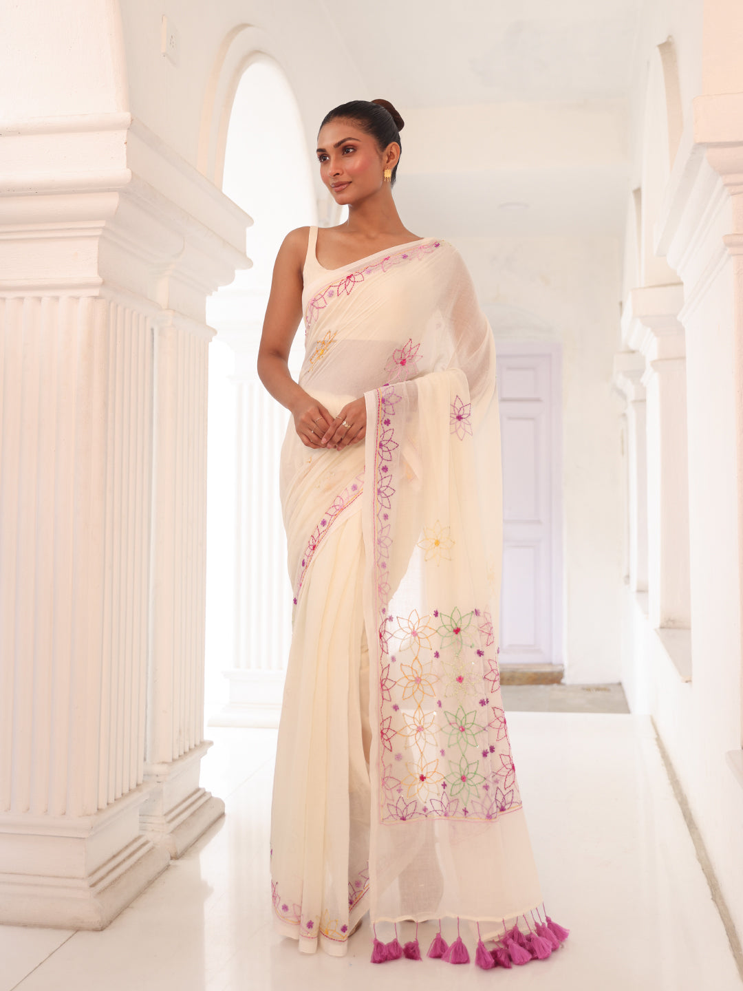 Handwoven White Mulmul Cotton Saree