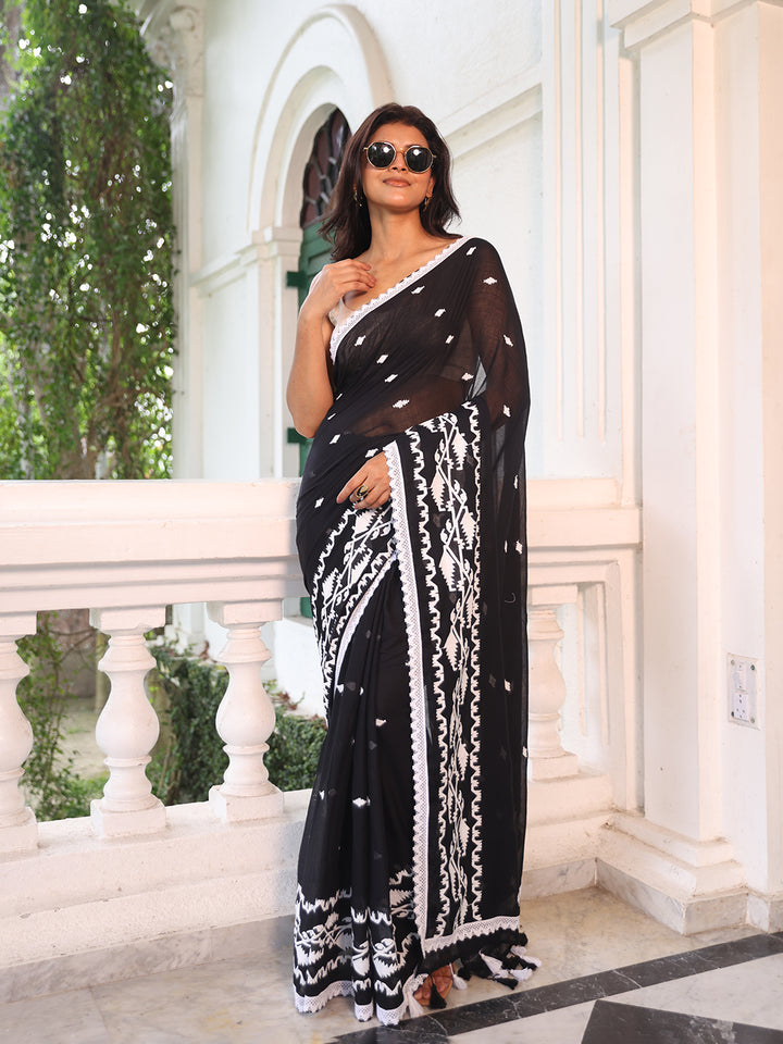 Black Jamdani Motifs Mulmul Cotton Saree