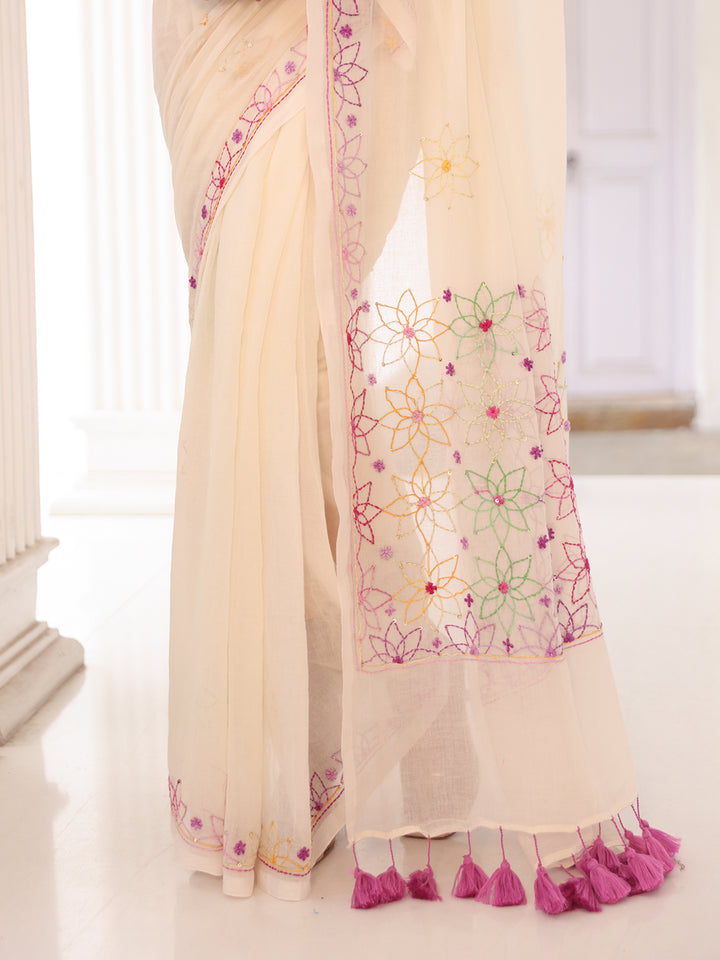 Handwoven White Mulmul Cotton Saree