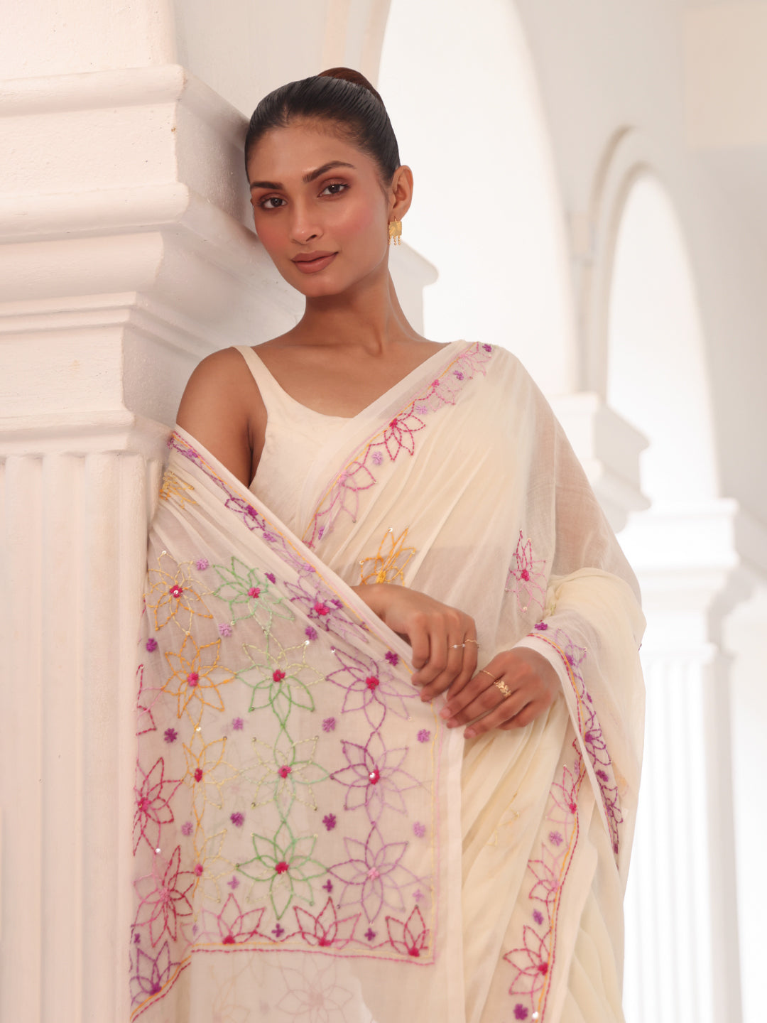 Handwoven White Mulmul Cotton Saree