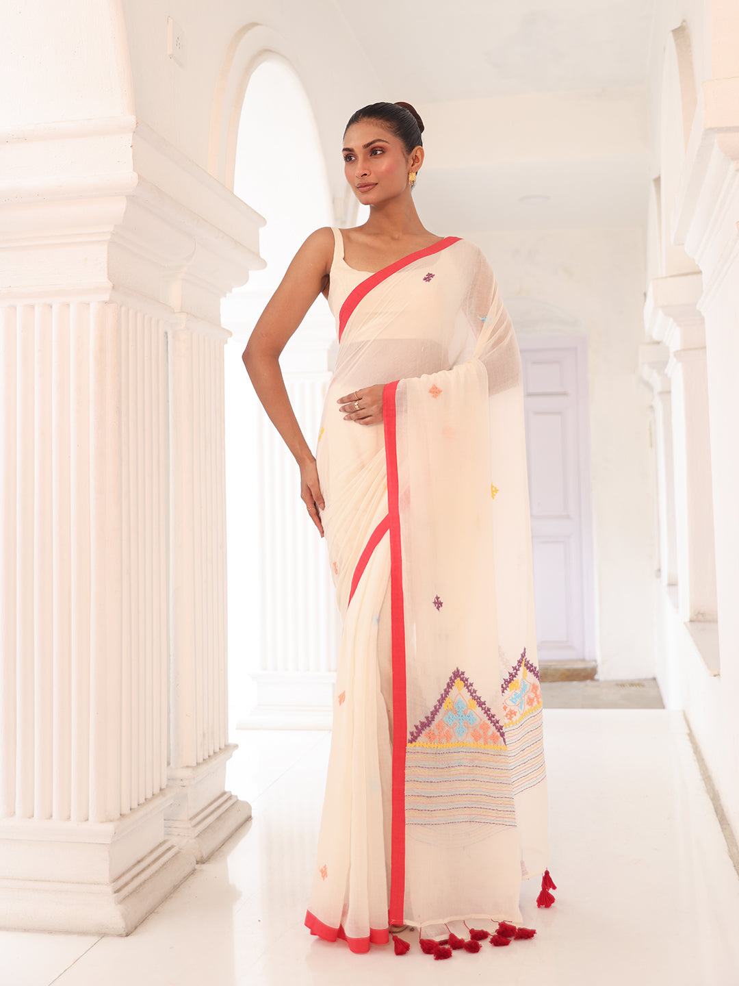 Handwoven White Mulmul Cotton Saree