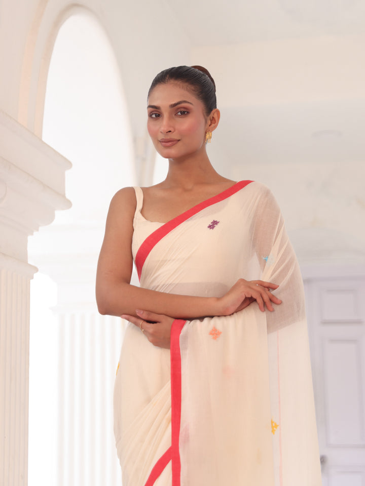 Handwoven White Mulmul Cotton Saree