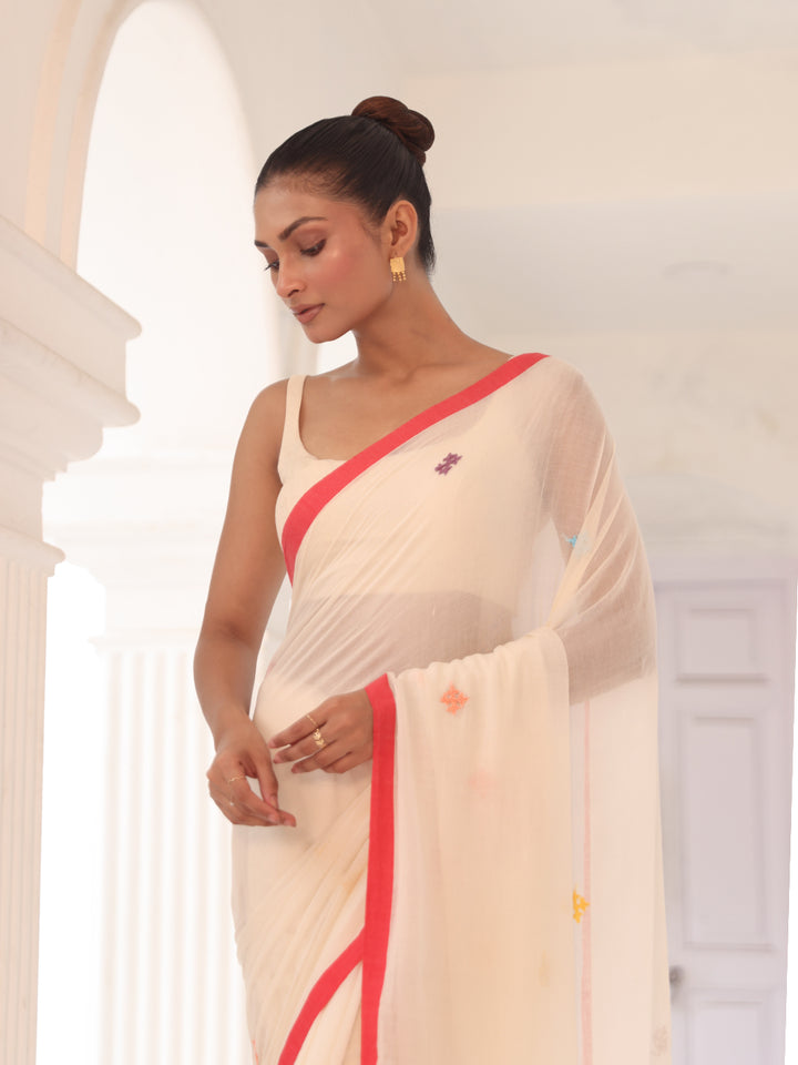 Handwoven White Mulmul Cotton Saree