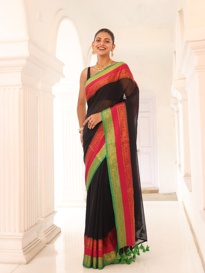 Black Mulmul Cotton Saree