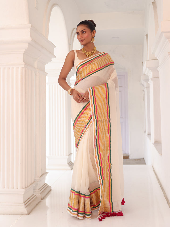 Onam White Red Border Mulmul Cotton Saree