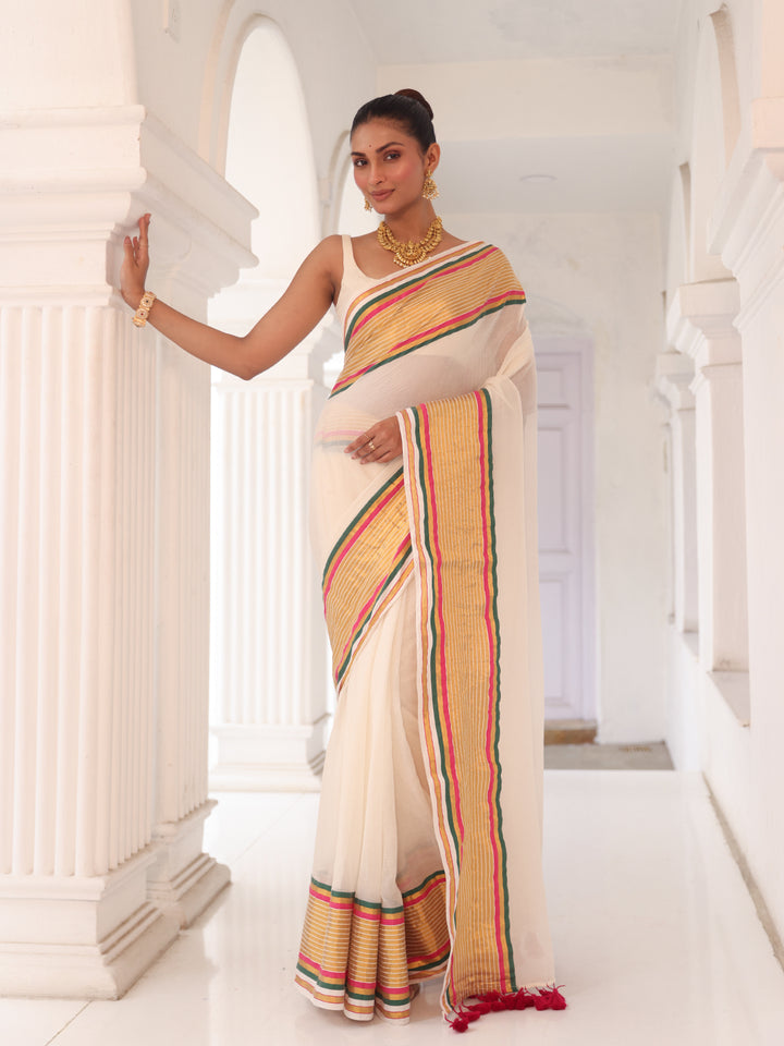 Onam White Red Border Mulmul Cotton Saree