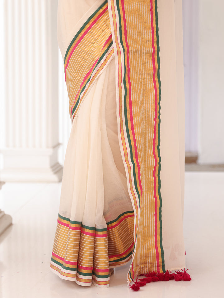 Onam White Red Border Mulmul Cotton Saree