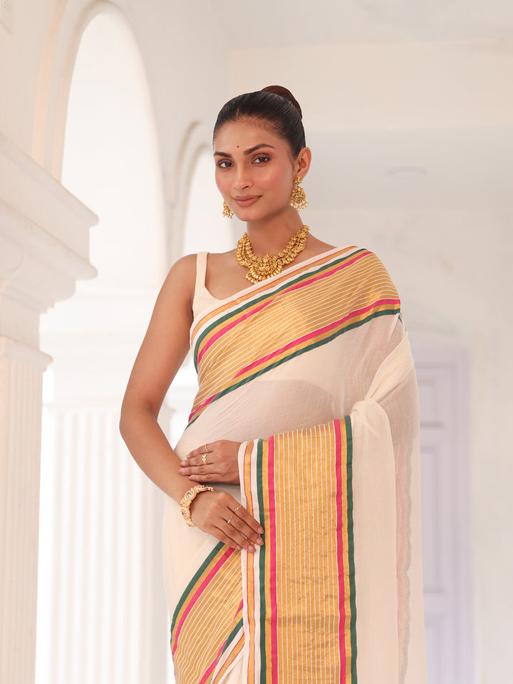 Onam White Red Border Mulmul Cotton Saree