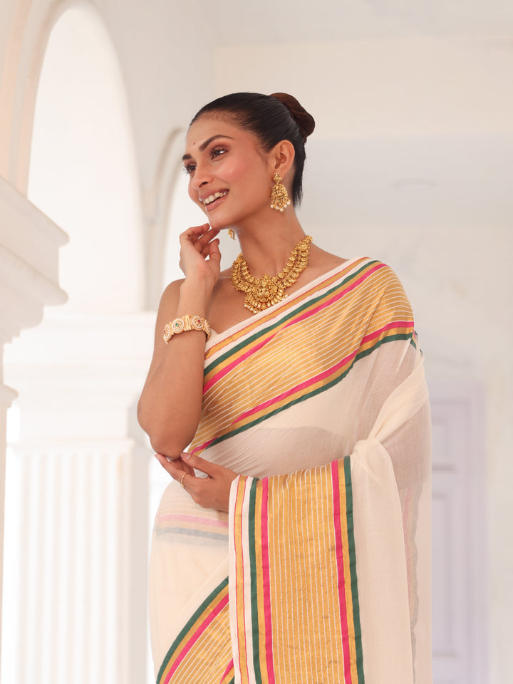 Onam White Red Border Mulmul Cotton Saree