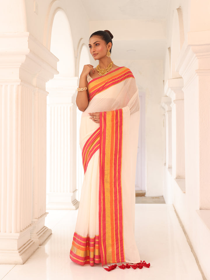 Onam White Mulmul Cotton Saree
