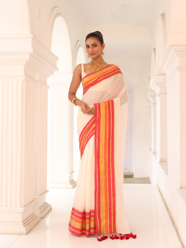 Onam White Mulmul Cotton Saree