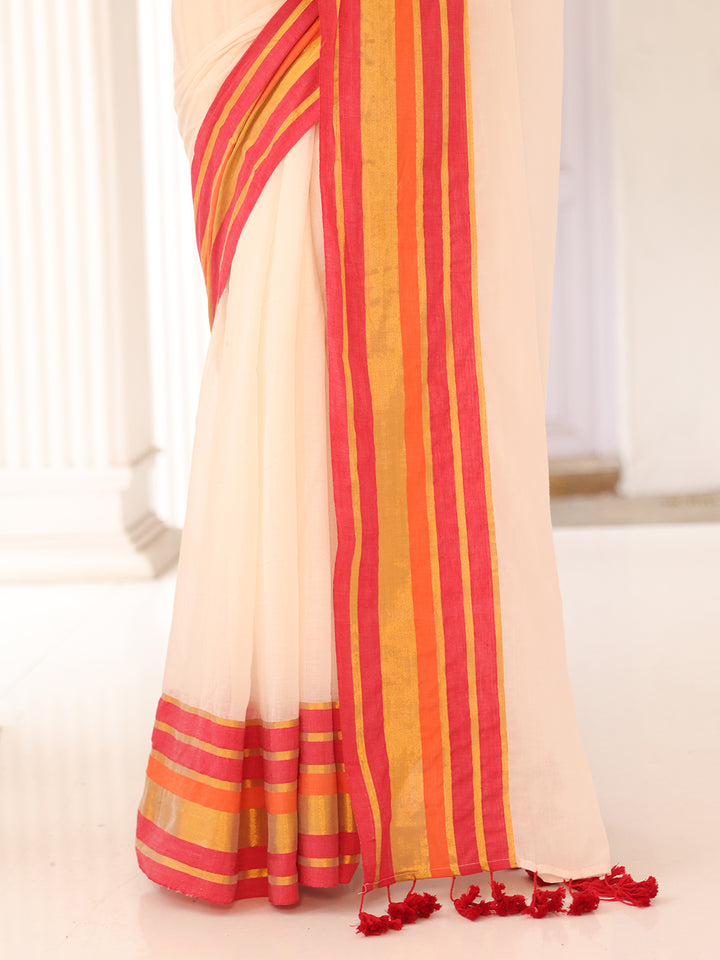 Onam White Mulmul Cotton Saree