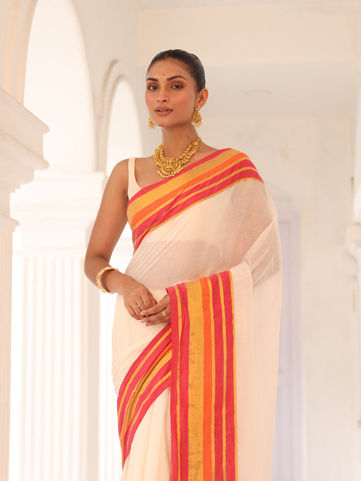 Onam White Mulmul Cotton Saree