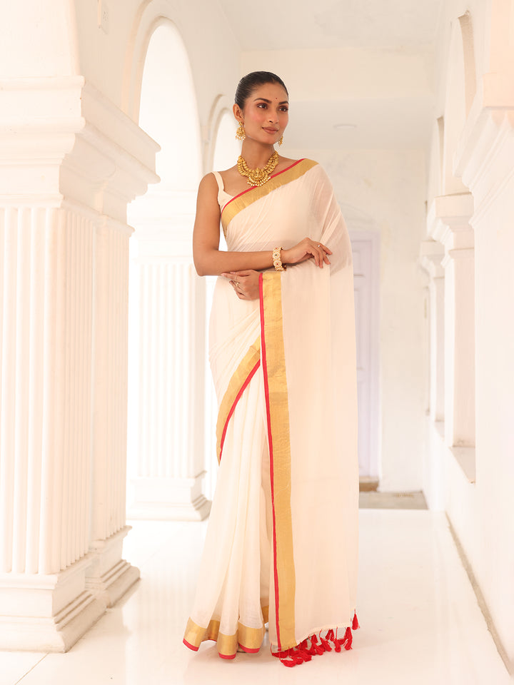 Onam White Red Border Mulmul Cotton Saree