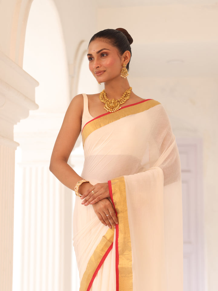 Onam White Red Border Mulmul Cotton Saree