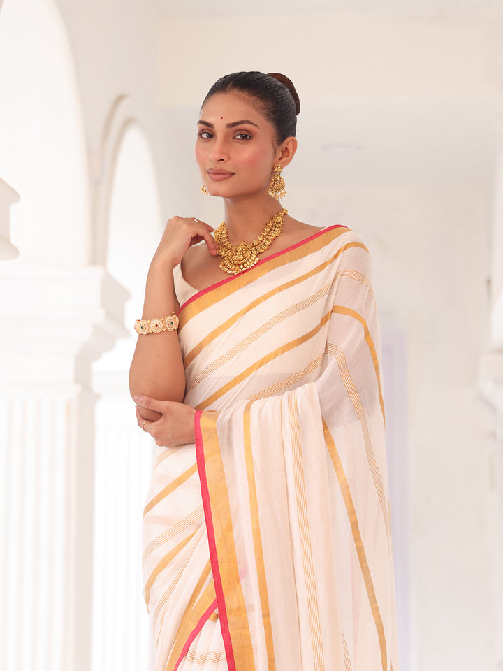 Onam White Mulmul Cotton Saree