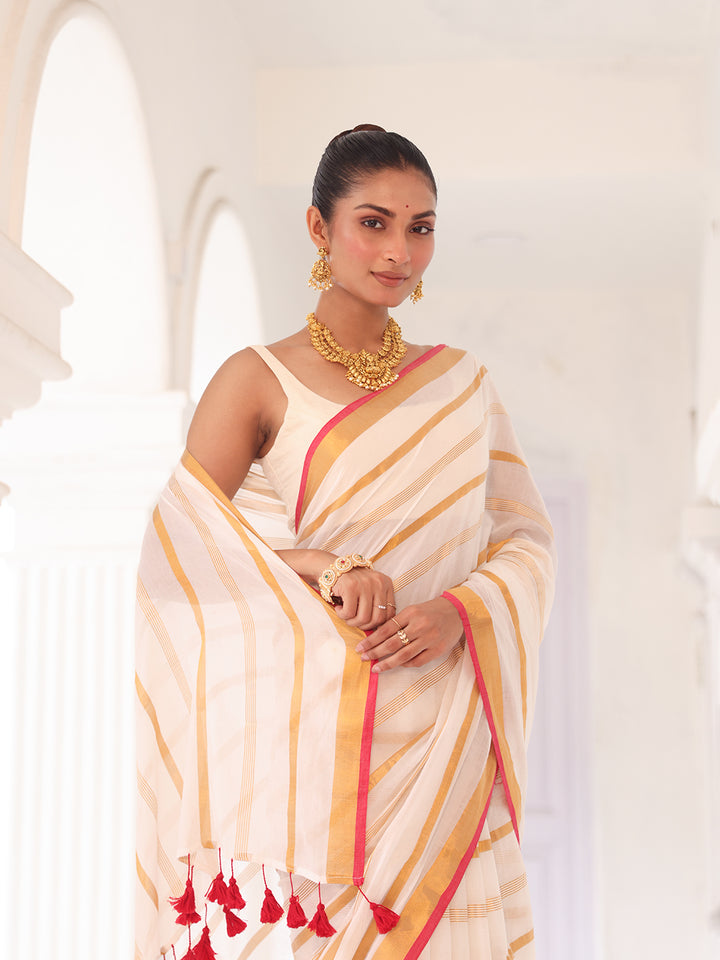 Onam White Mulmul Cotton Saree