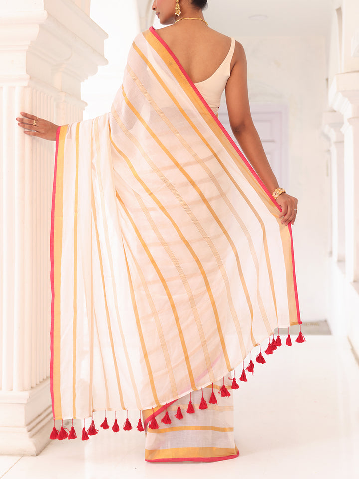 Onam White Mulmul Cotton Saree