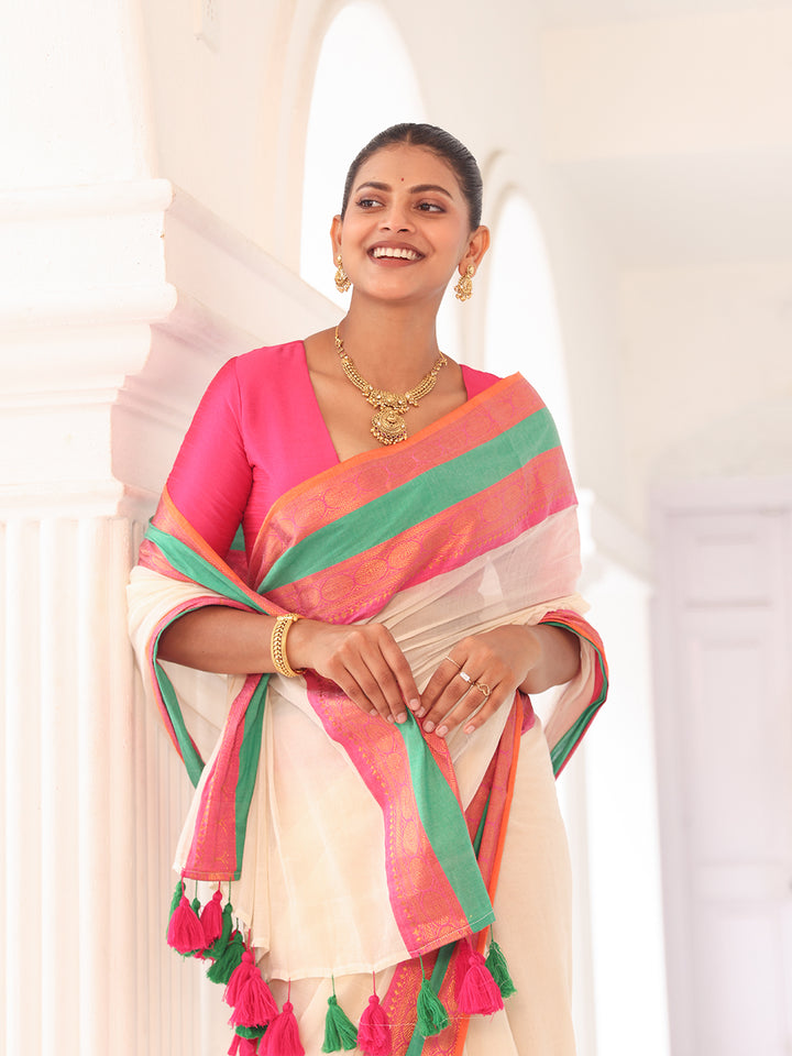 Onam White Mulmul Cotton Saree