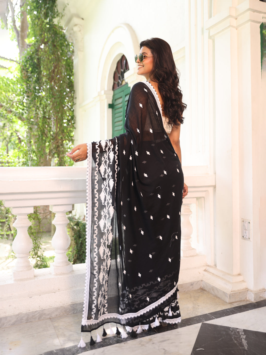 Black Jamdani Motifs Mulmul Cotton Saree