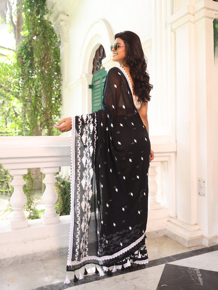Black Jamdani Motifs Mulmul Cotton Saree