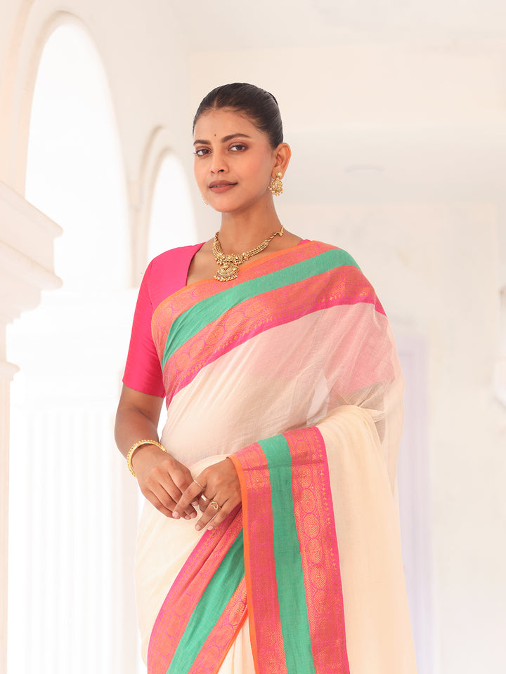 Onam White Mulmul Cotton Saree