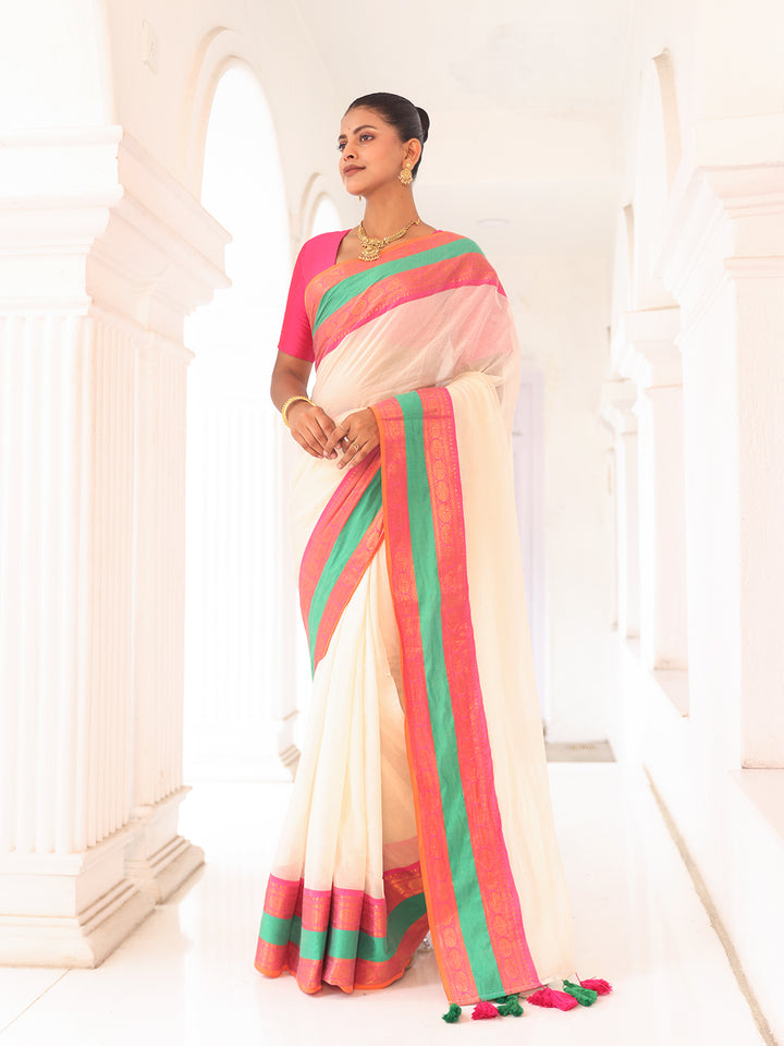 Onam White Mulmul Cotton Saree