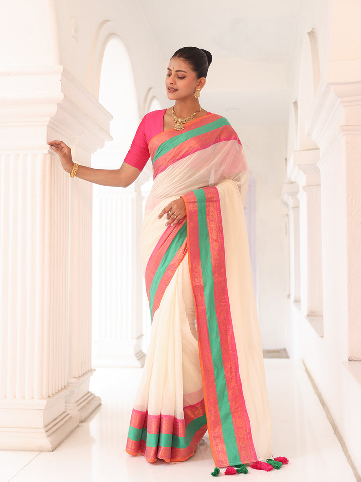 Onam White Mulmul Cotton Saree