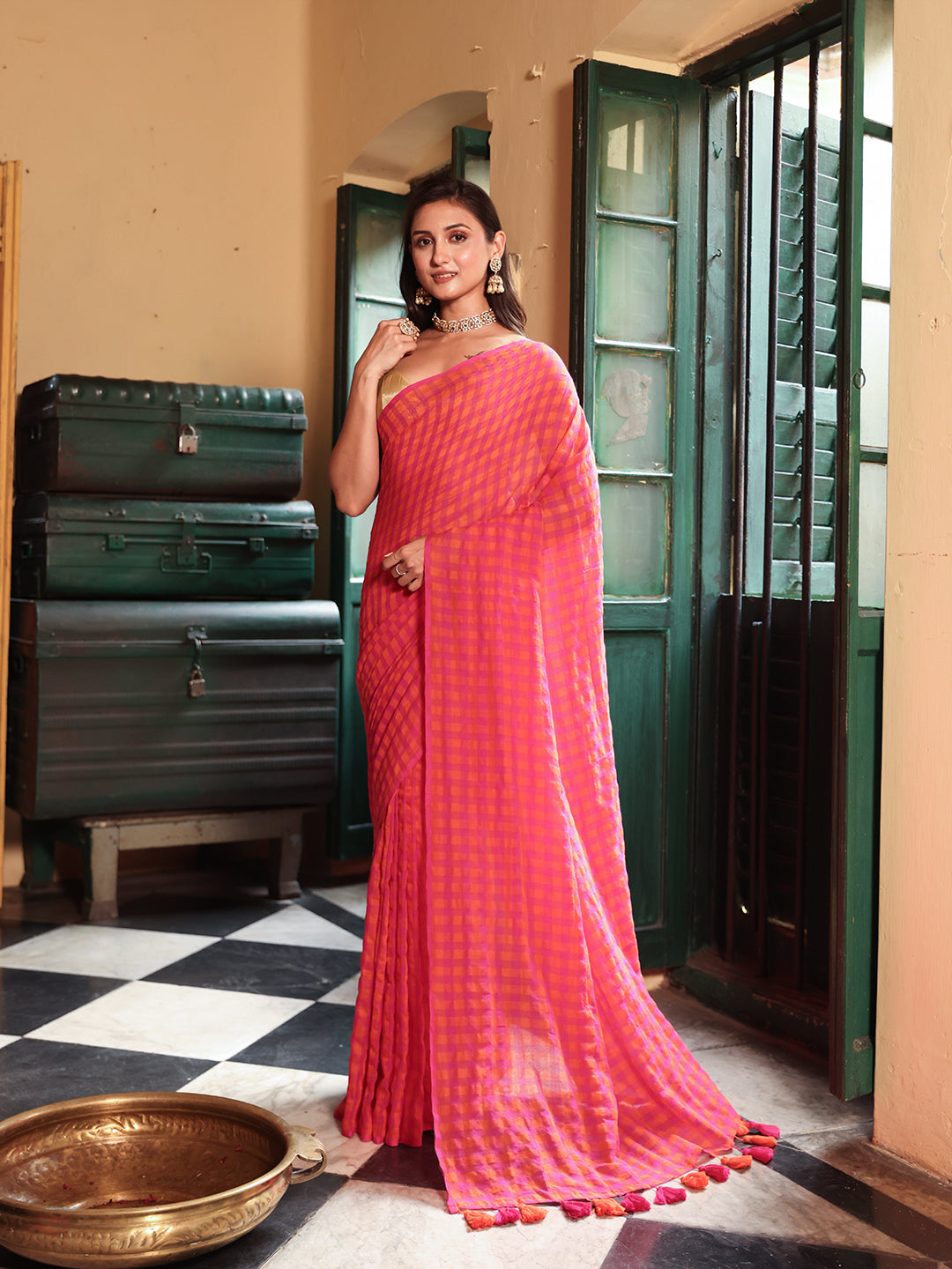 Pink Orange Gingham Mulmul Cotton Saree