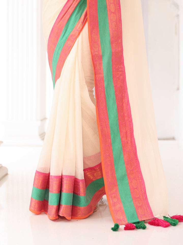 Onam White Mulmul Cotton Saree