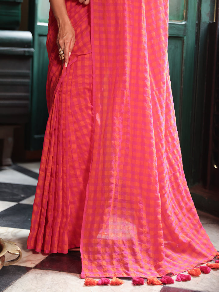 Pink Orange Gingham Mulmul Cotton Saree