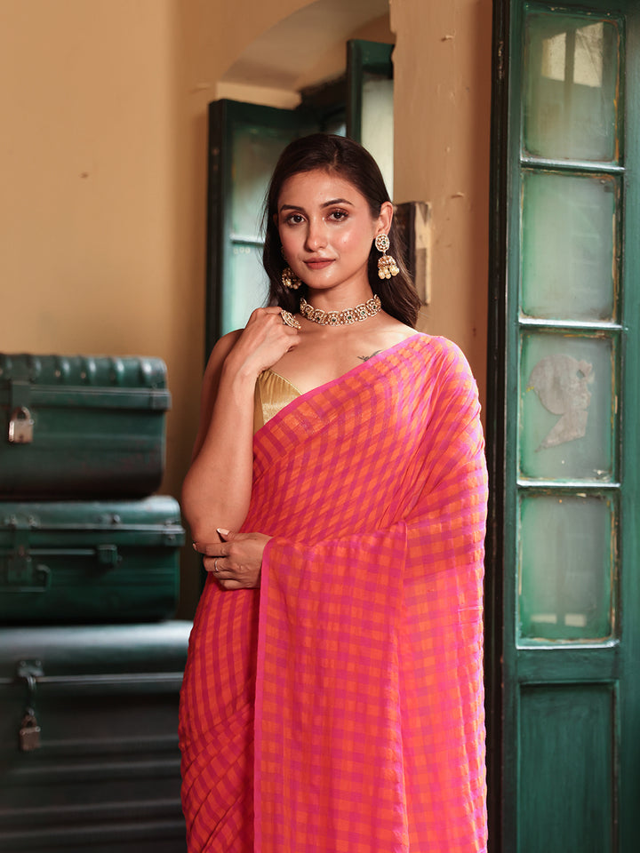 Pink Orange Gingham Mulmul Cotton Saree
