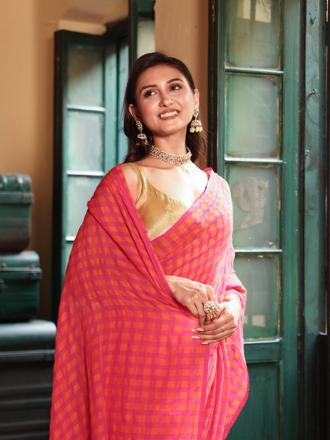 Pink Orange Gingham Mulmul Cotton Saree