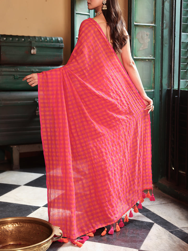 Pink Orange Gingham Mulmul Cotton Saree