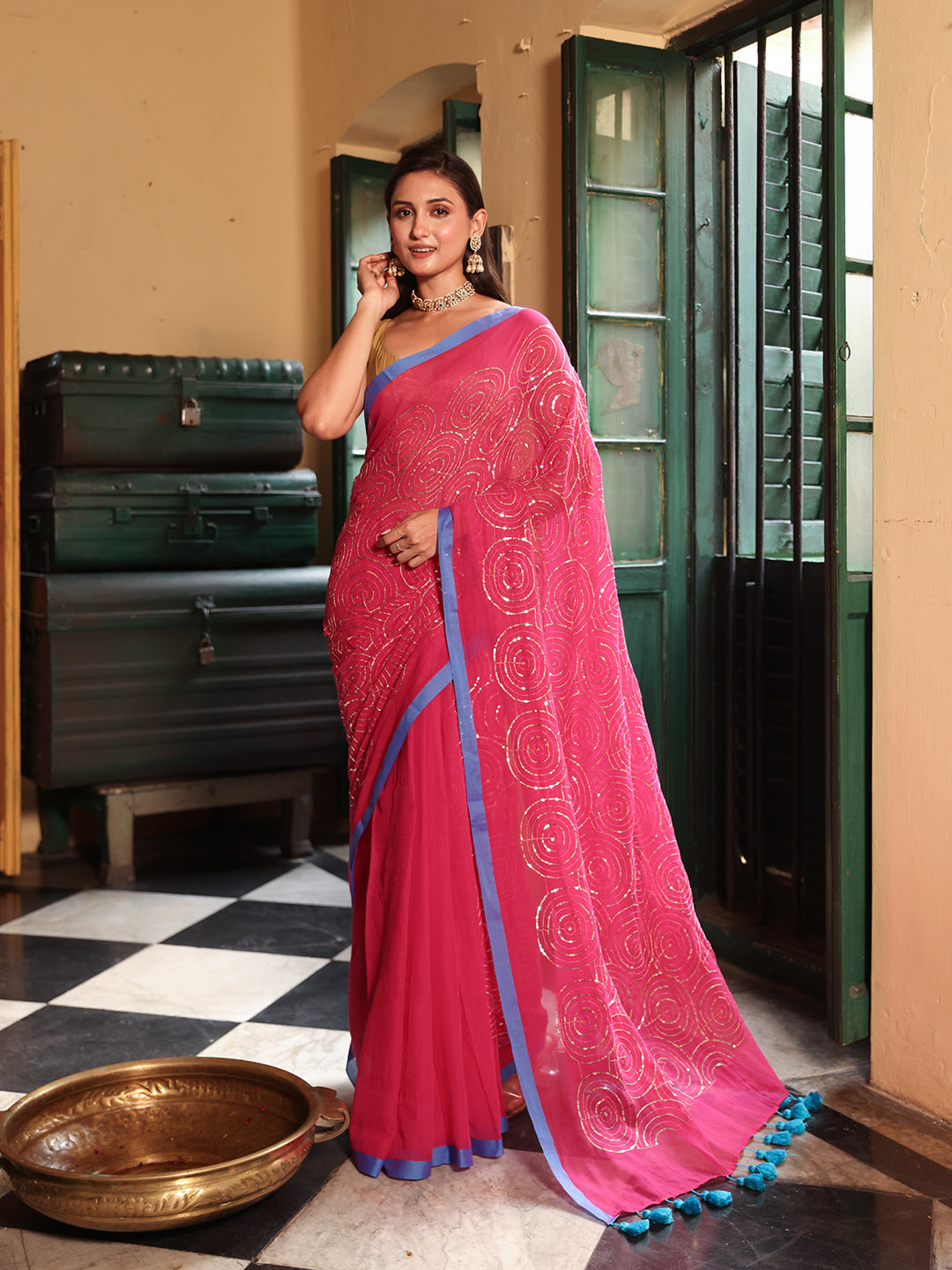 Pink Sequined Mulmul Cotton Saree