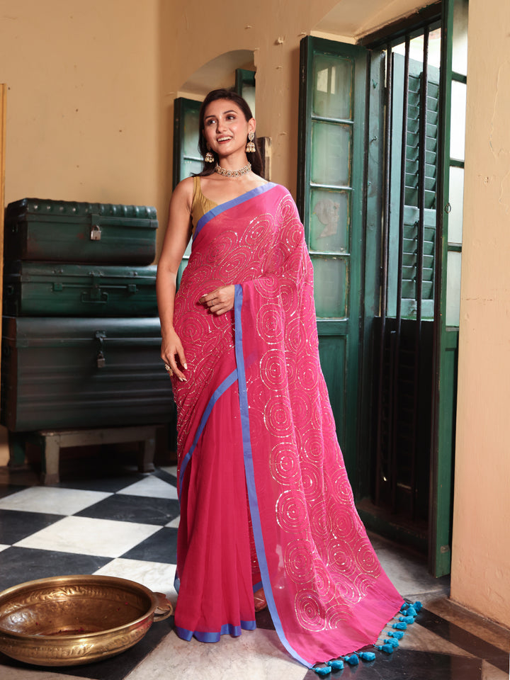 Pink Sequined Mulmul Cotton Saree