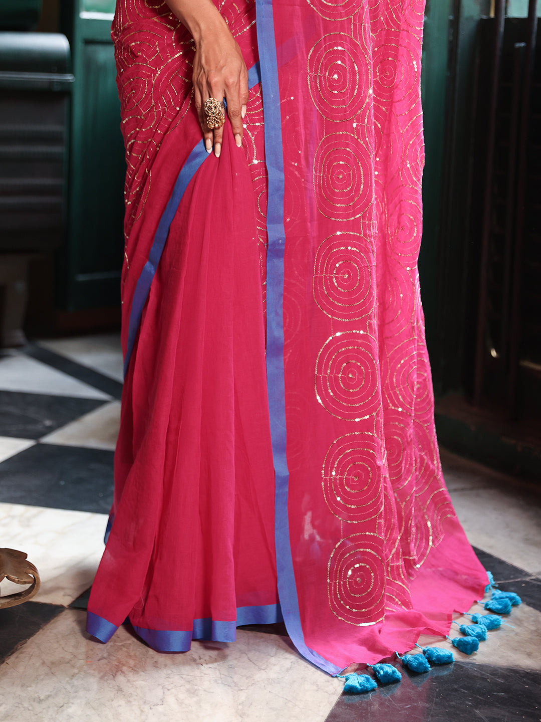 Pink Sequined Mulmul Cotton Saree