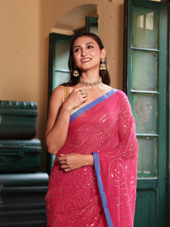 Pink Sequined Mulmul Cotton Saree