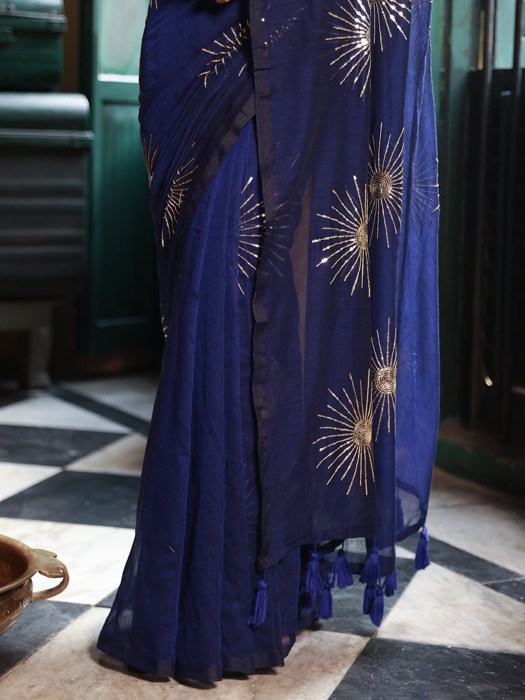 Blue Sequined Mulmul Cotton Saree