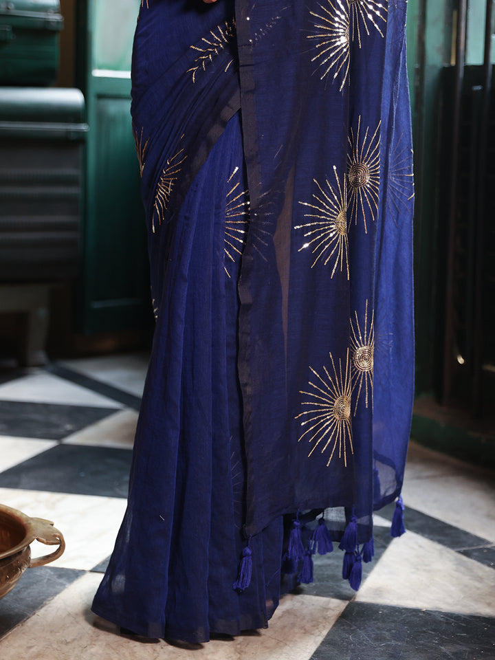 Blue Sequined Mulmul Cotton Saree