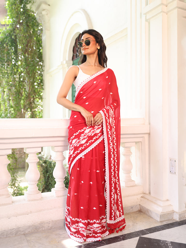Red Jamdani Motifs Mulmul Cotton Saree