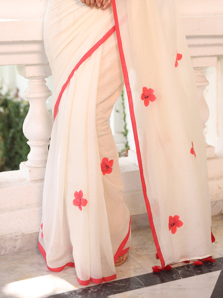 White Hibiscus Mulmul Cotton Saree