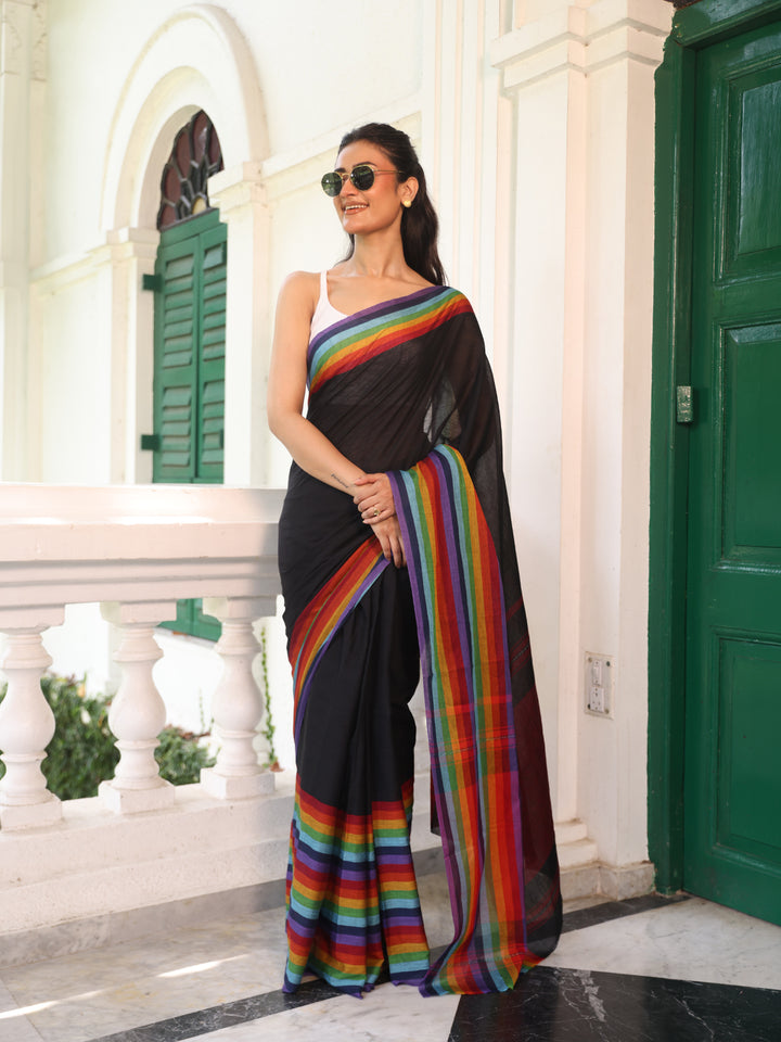 Rainbow Black Mulmul Cotton Saree