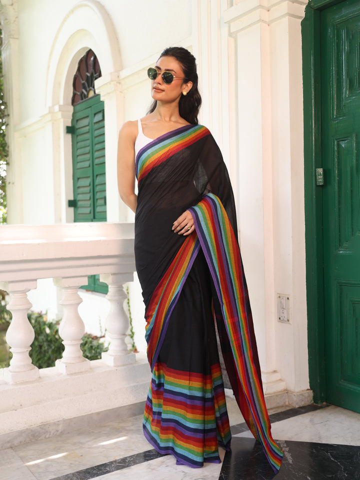 Rainbow Black Mulmul Cotton Saree