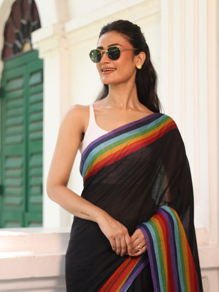 Rainbow Black Mulmul Cotton Saree